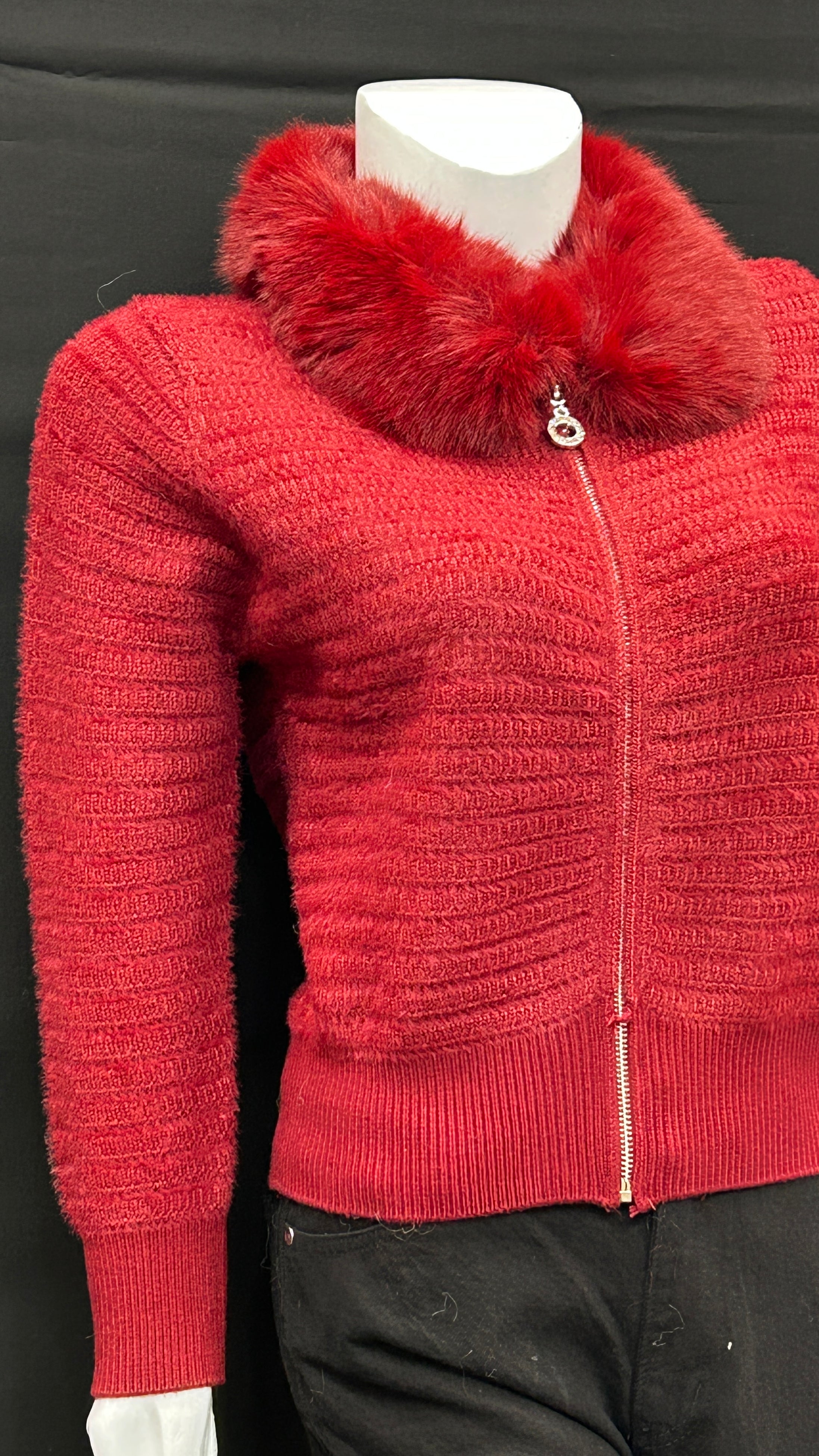 Red Textured Knit Cardigan with Plush Fur Collar