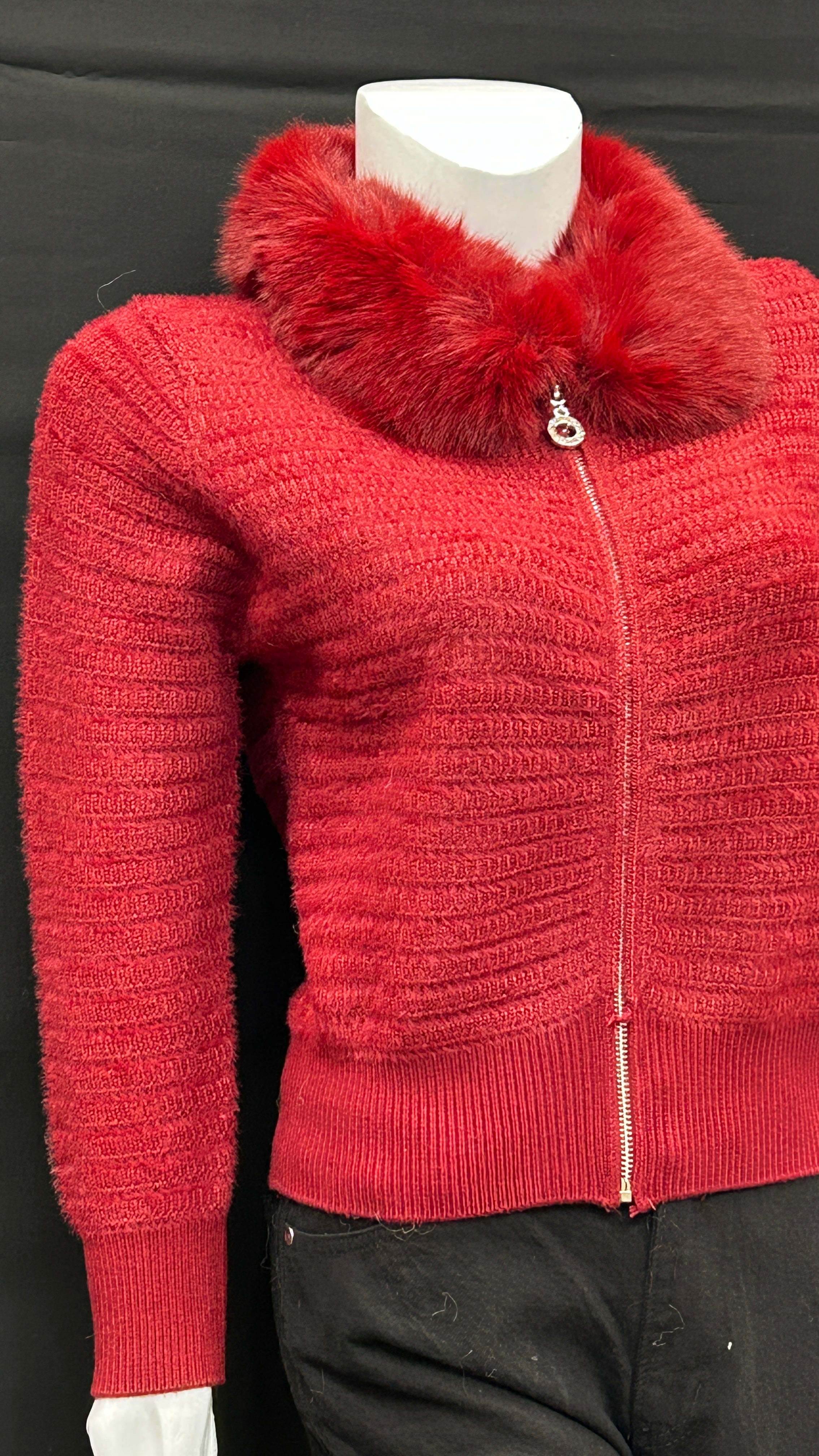 Red Textured Knit Cardigan with Plush Fur Collar