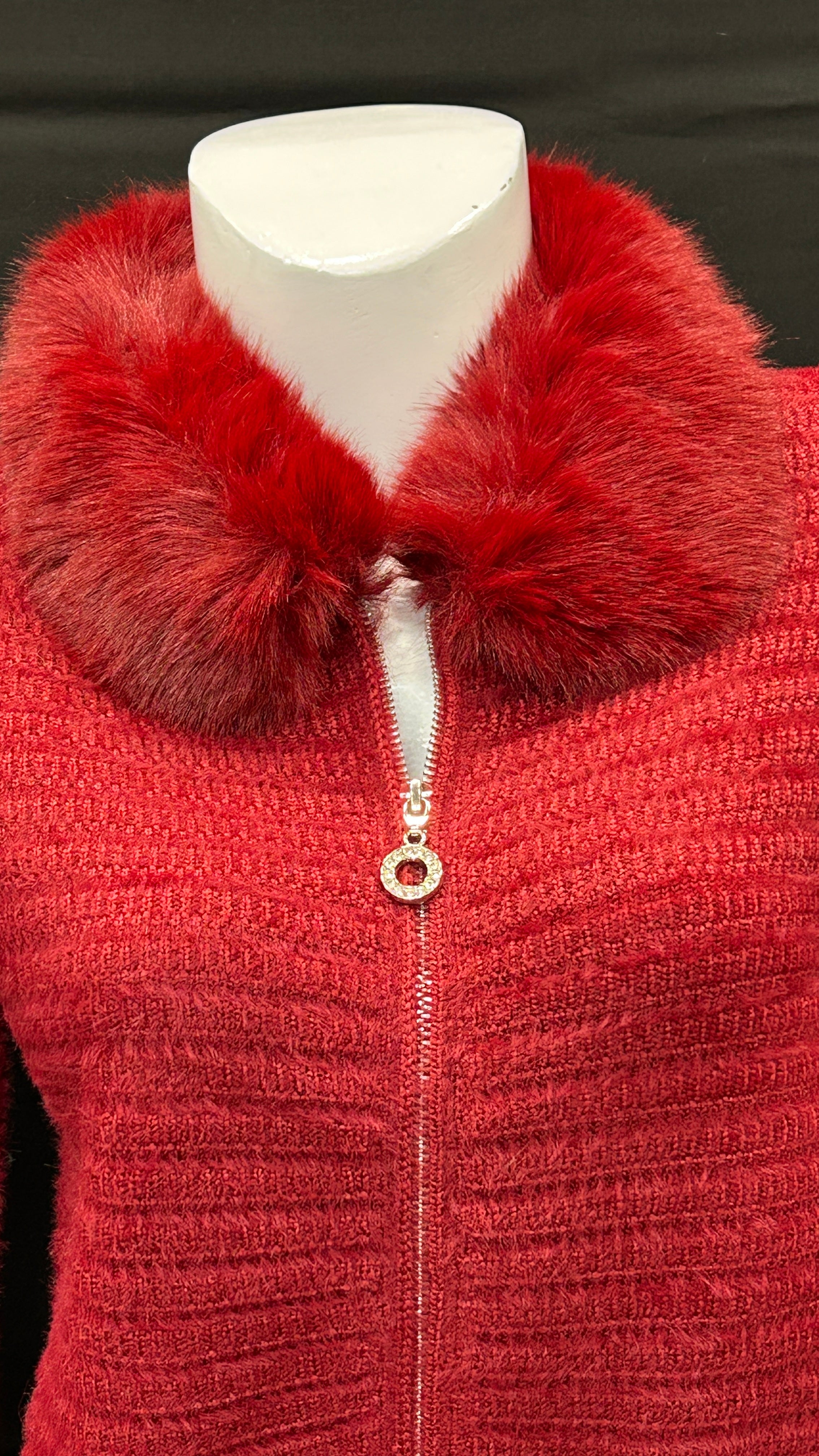 Red Textured Knit Cardigan with Plush Fur Collar