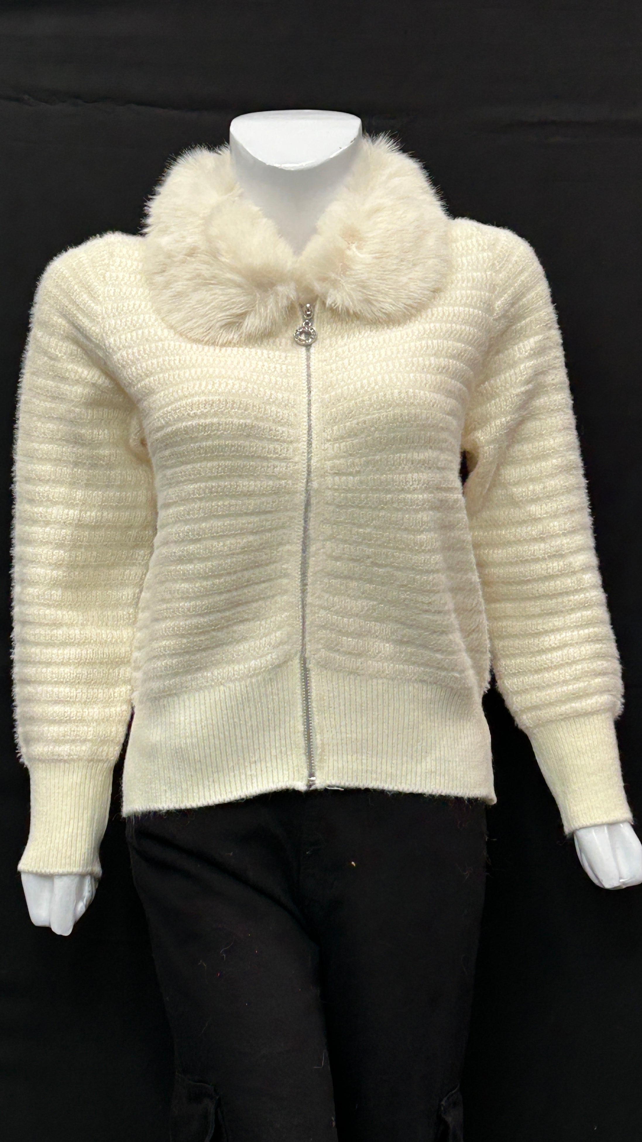 Classic Cream Knit Jacket with Fur Accent