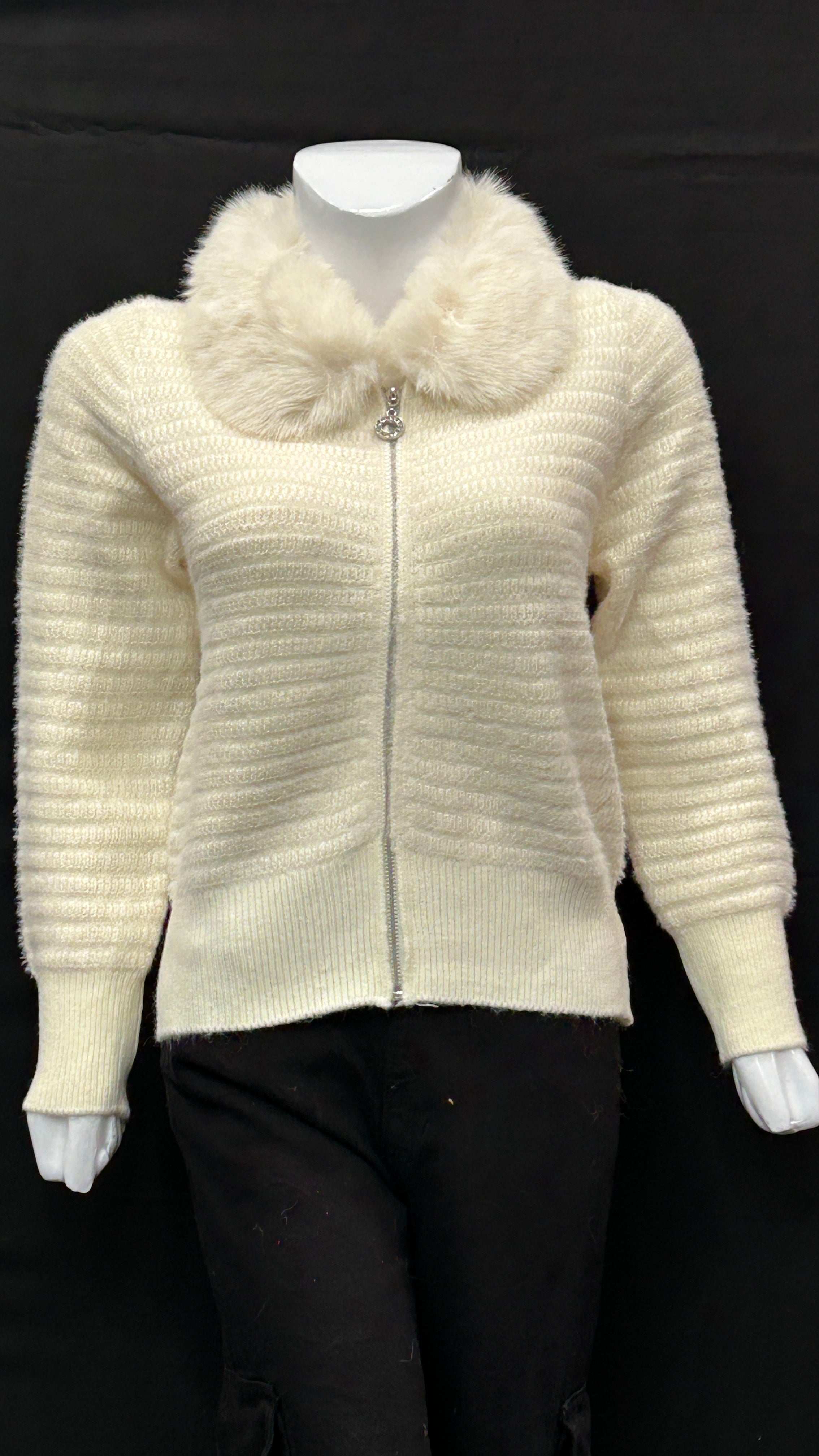 Classic Cream Knit Jacket with Fur Accent