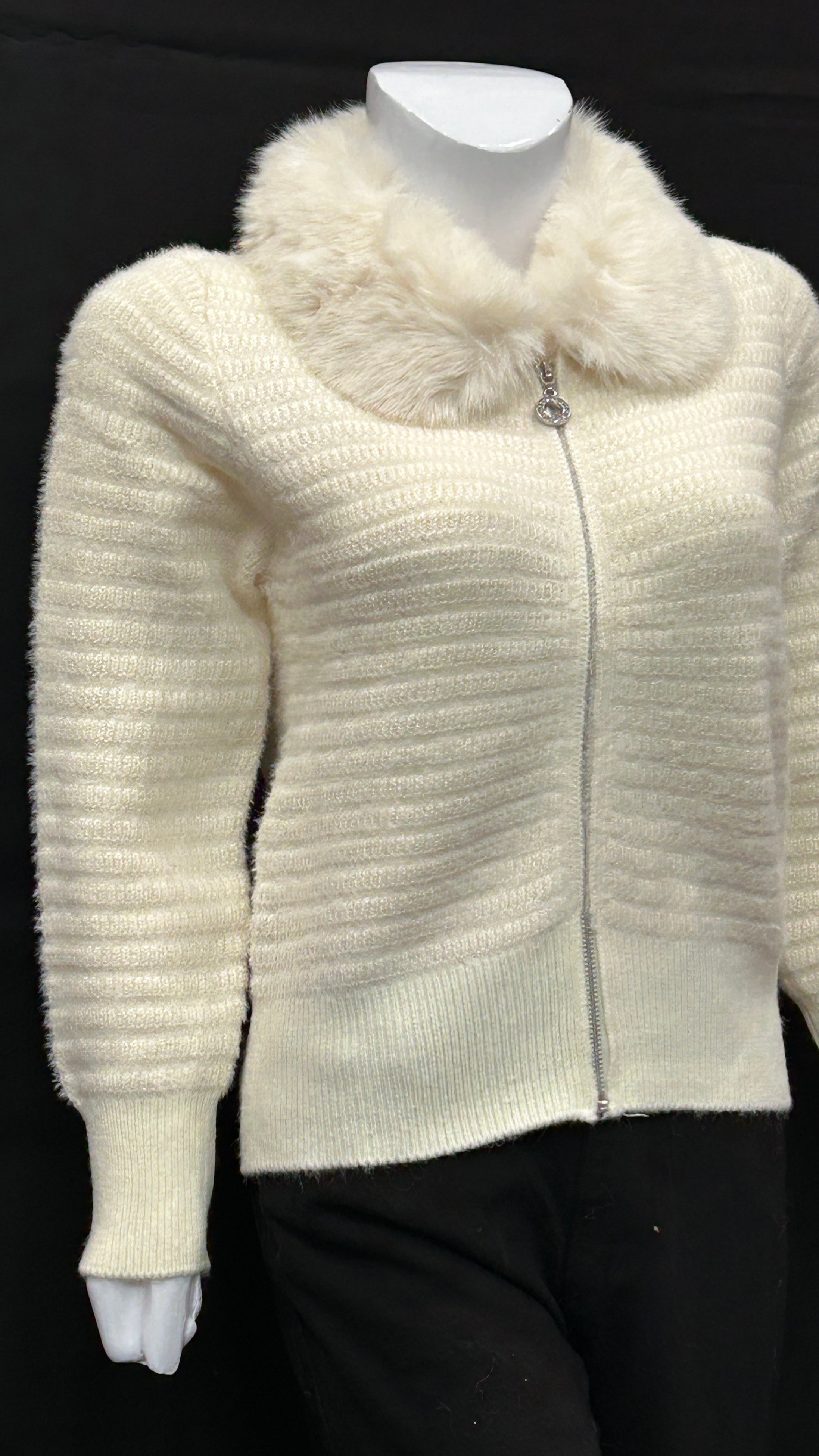 Classic Cream Knit Jacket with Fur Accent