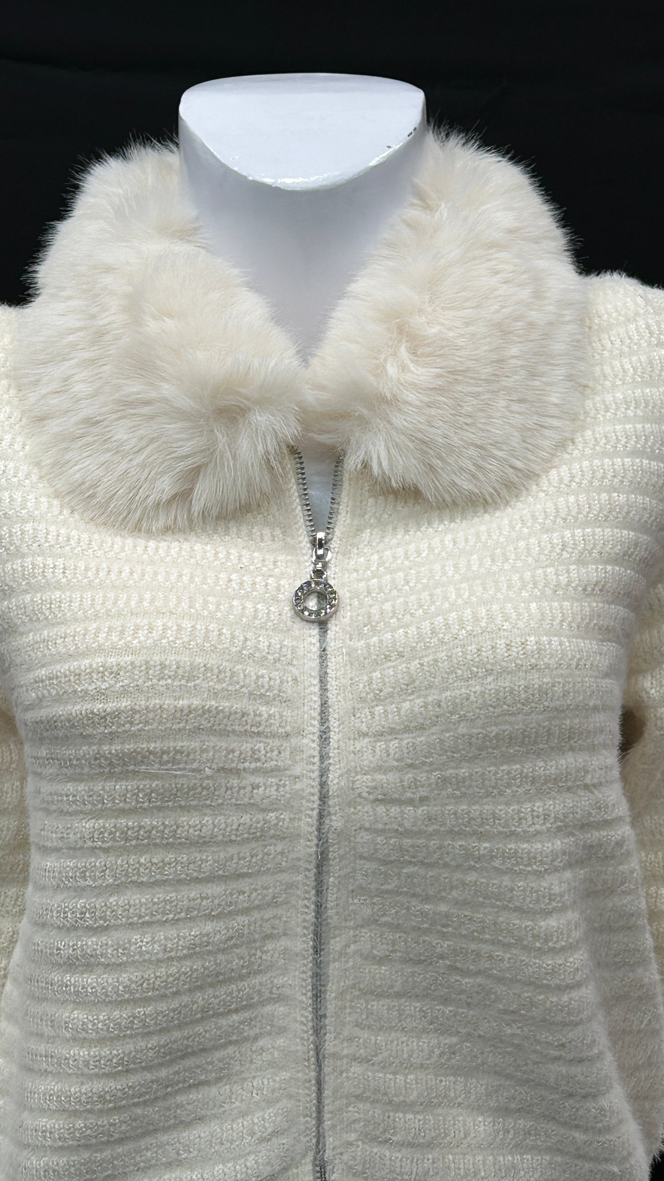 Classic Cream Knit Jacket with Fur Accent