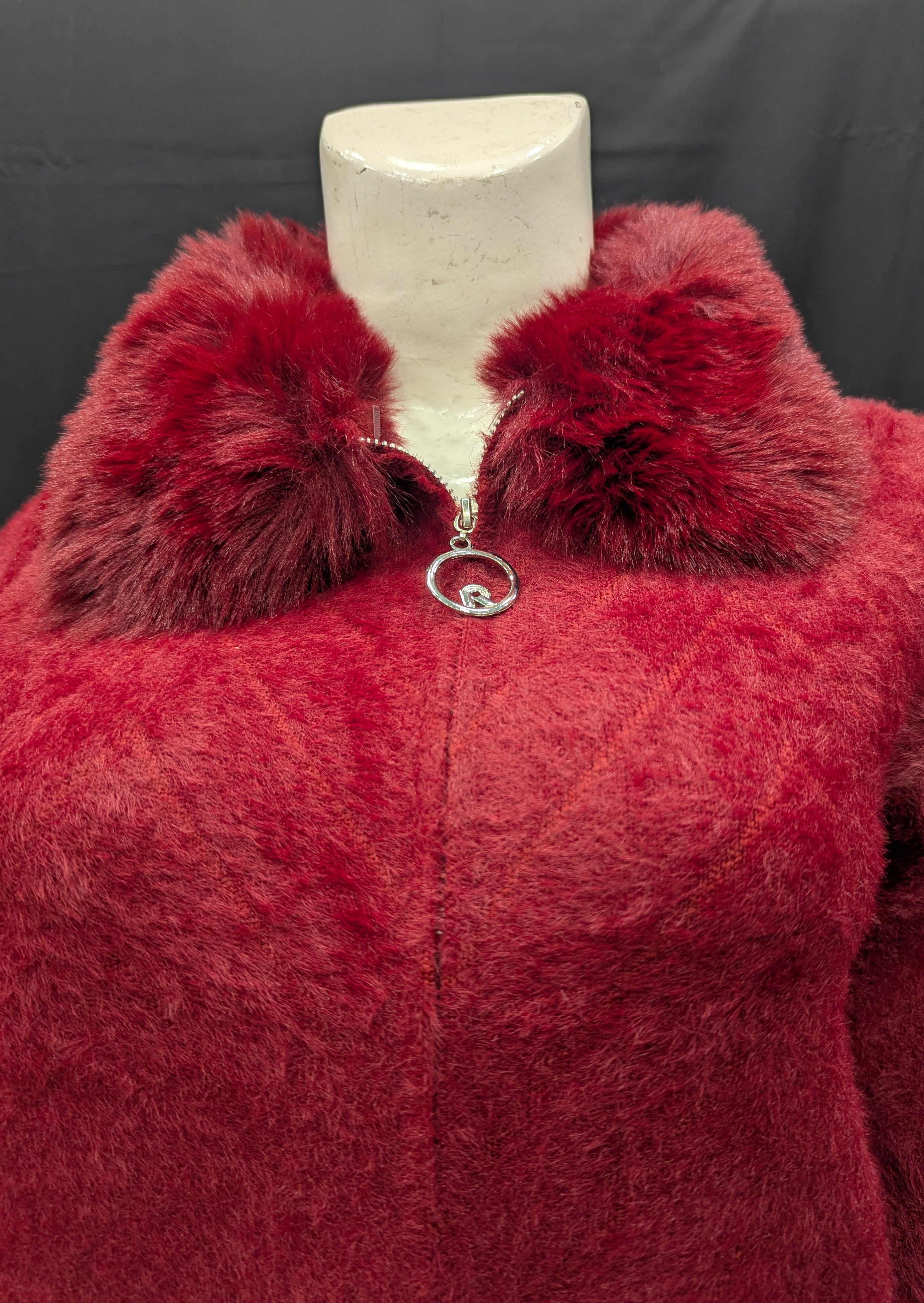 Burgundy Collar Fur Detailed Women's Cardigan