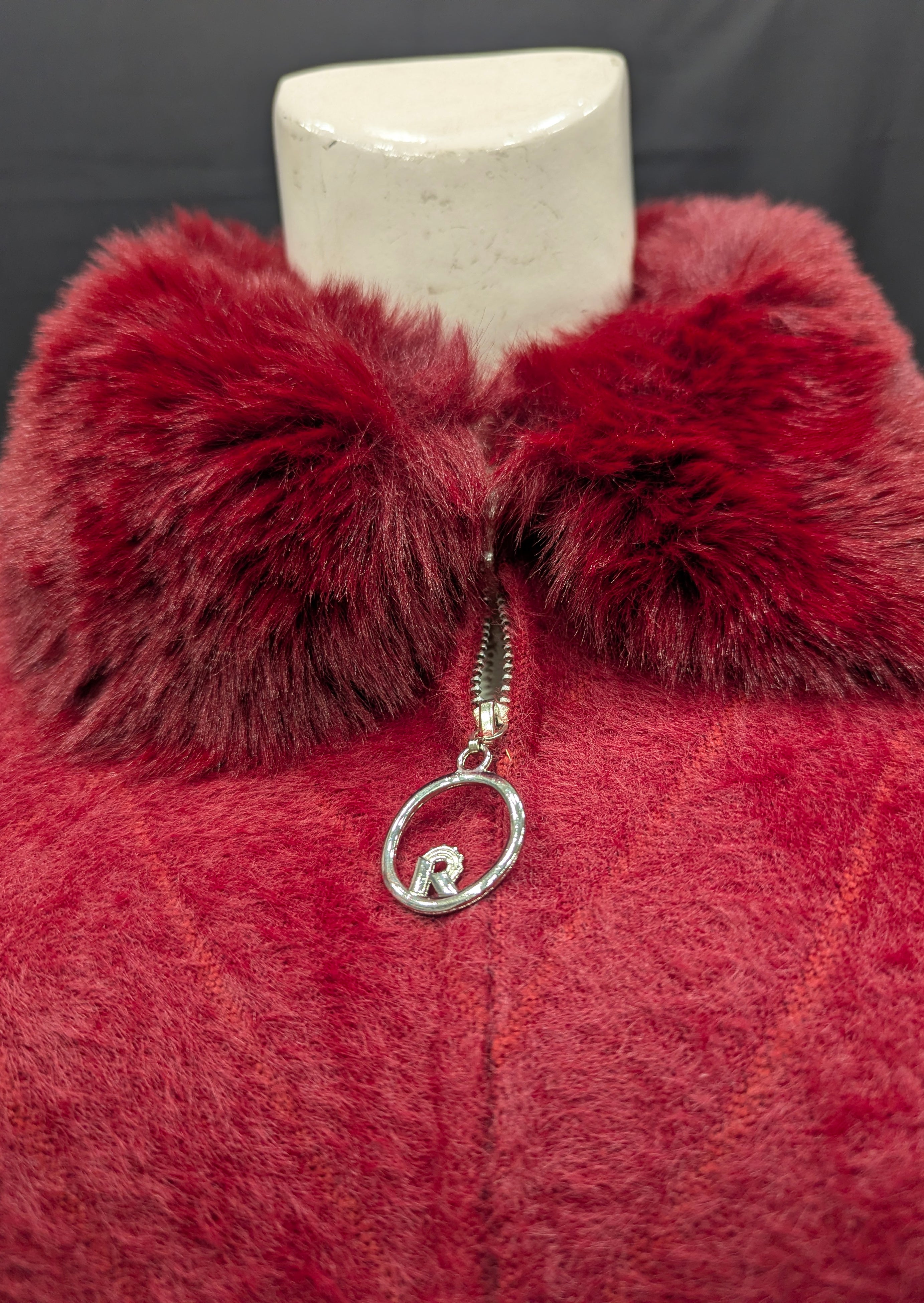 Burgundy Collar Fur Detailed Women's Cardigan