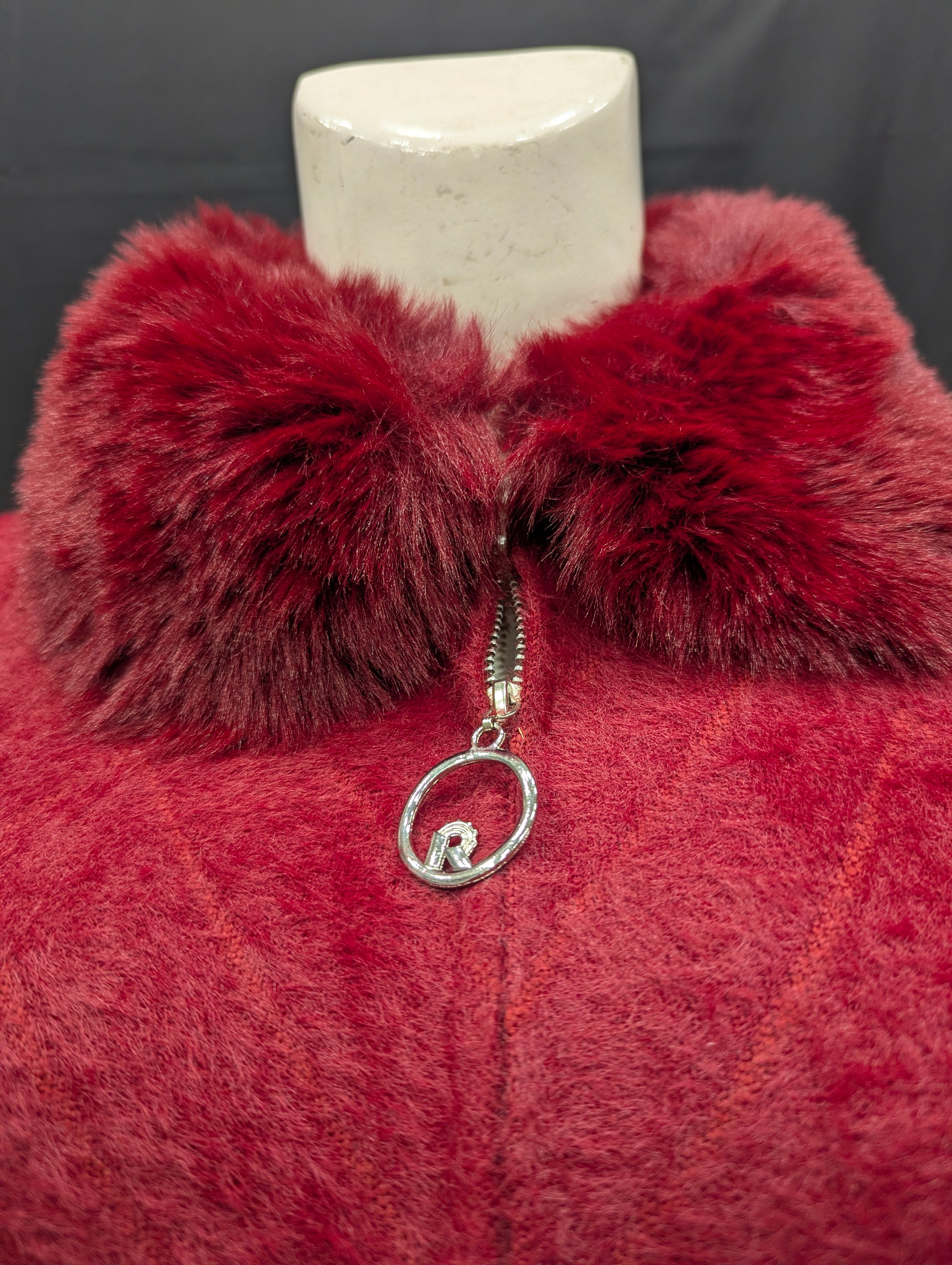 Burgundy Collar Fur Detailed Women's Cardigan