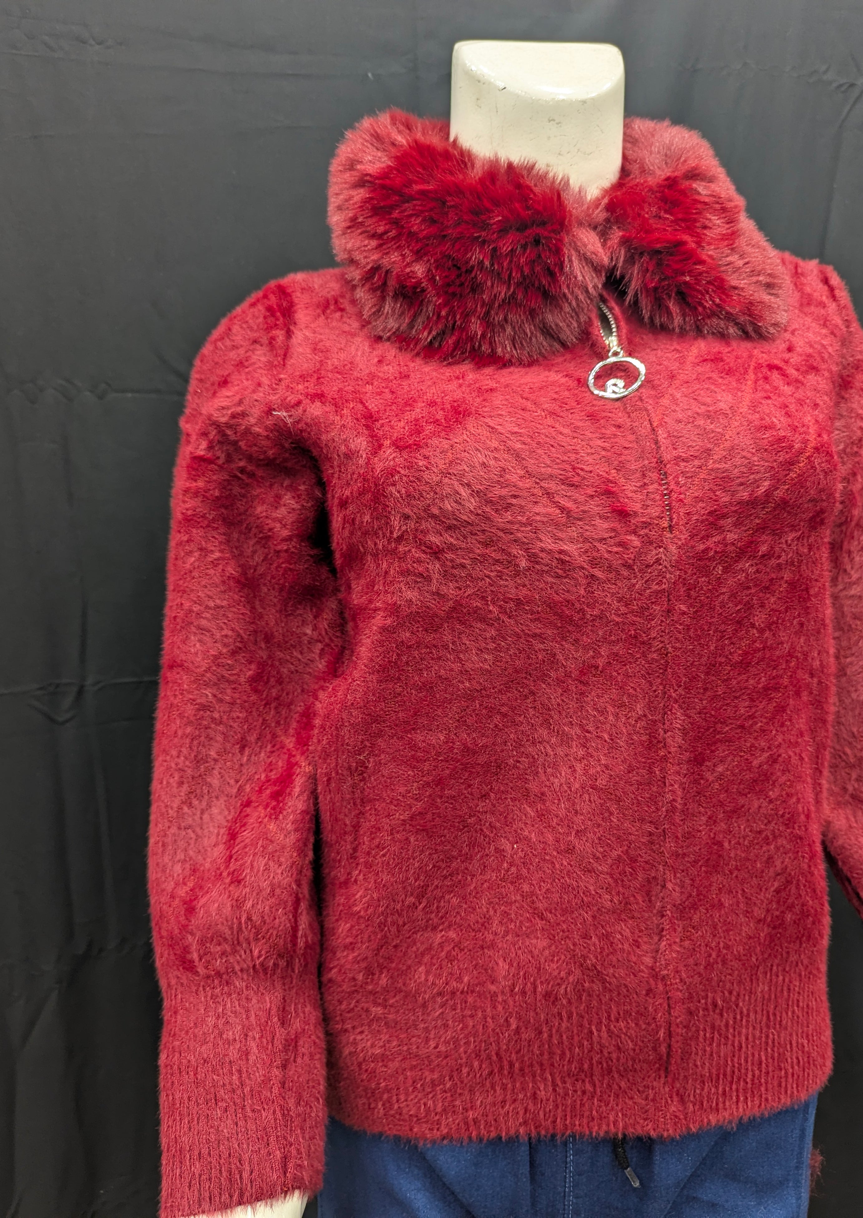 Burgundy Collar Fur Detailed Women's Cardigan
