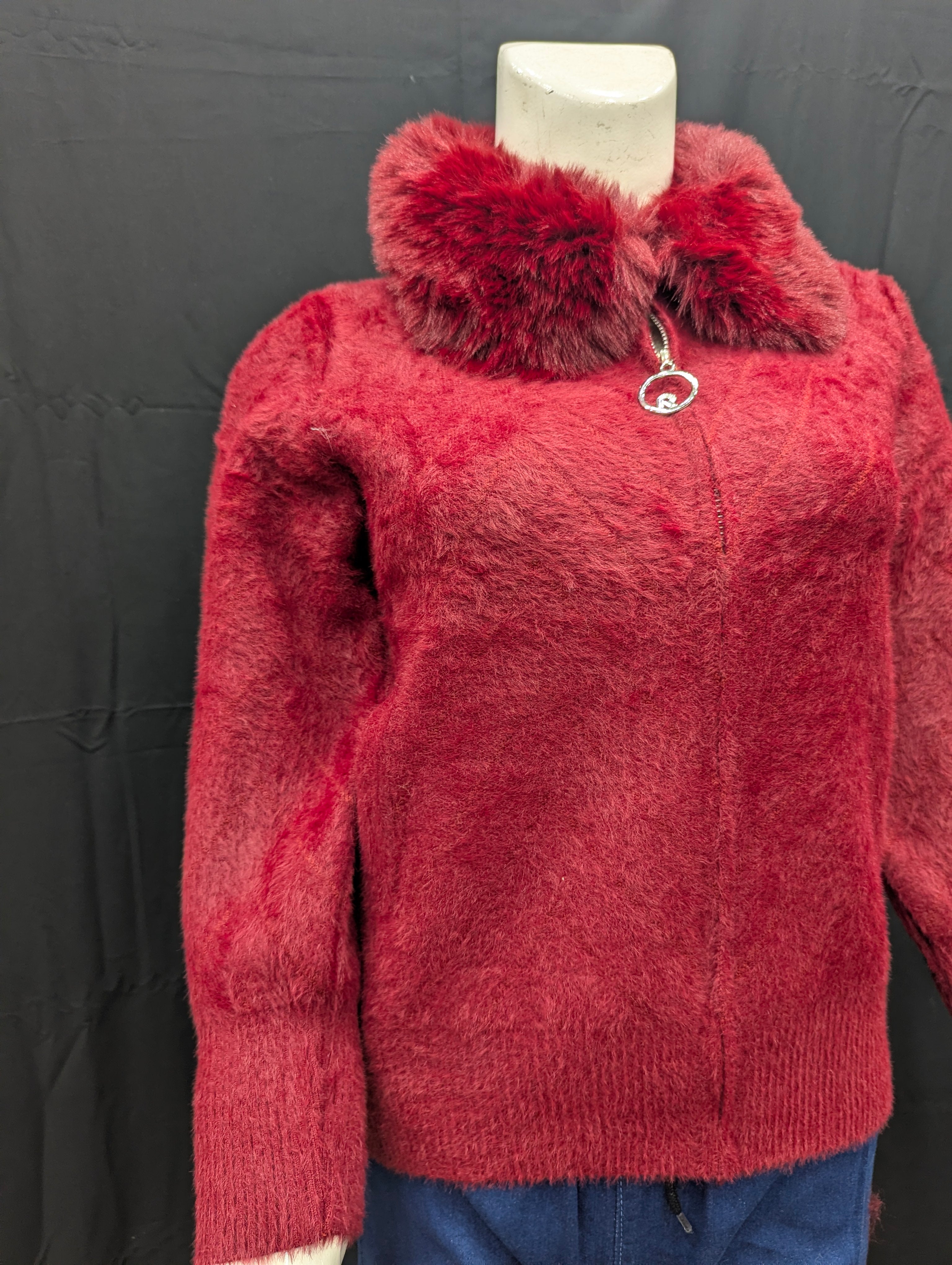 Burgundy Collar Fur Detailed Women's Cardigan