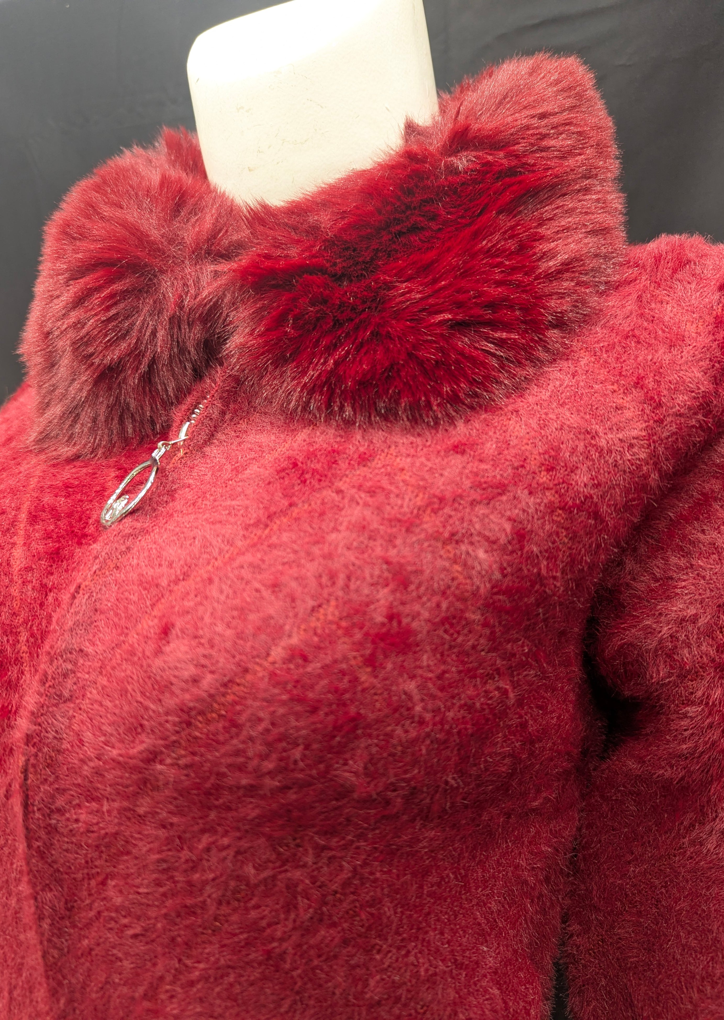 Burgundy Collar Fur Detailed Women's Cardigan