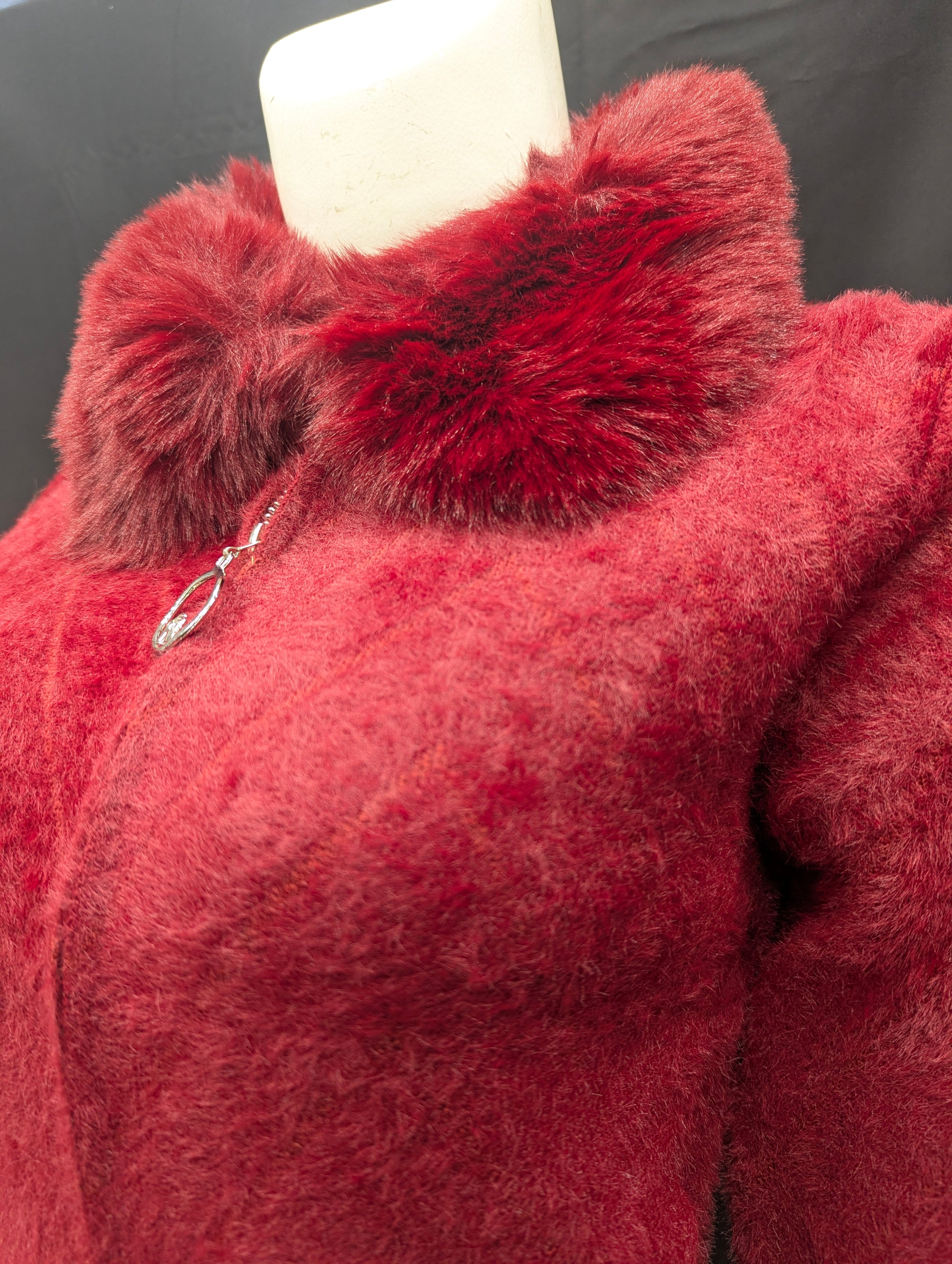 Burgundy Collar Fur Detailed Women's Cardigan
