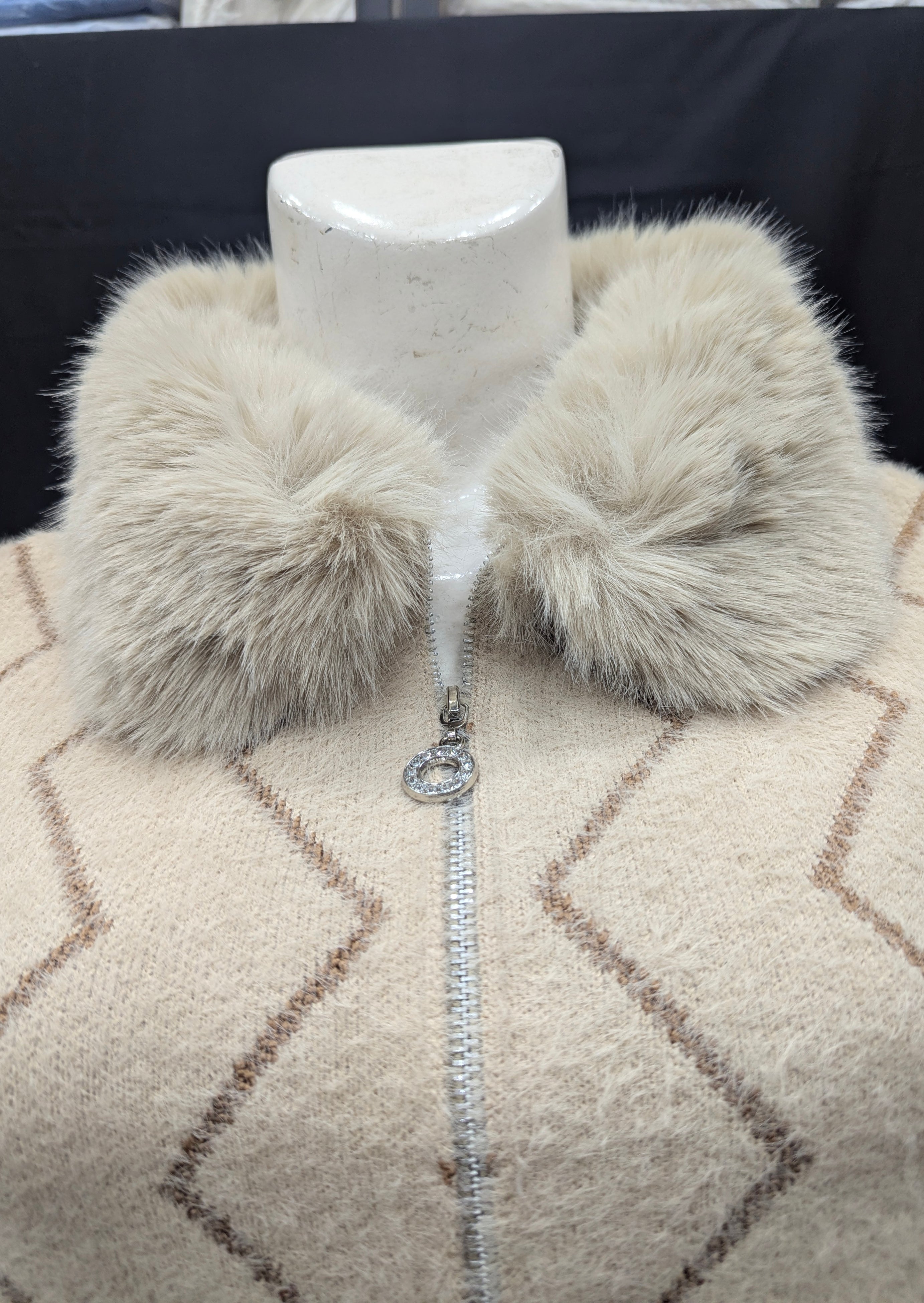 Soft Beige Fur-Collar Women’s Cardigan