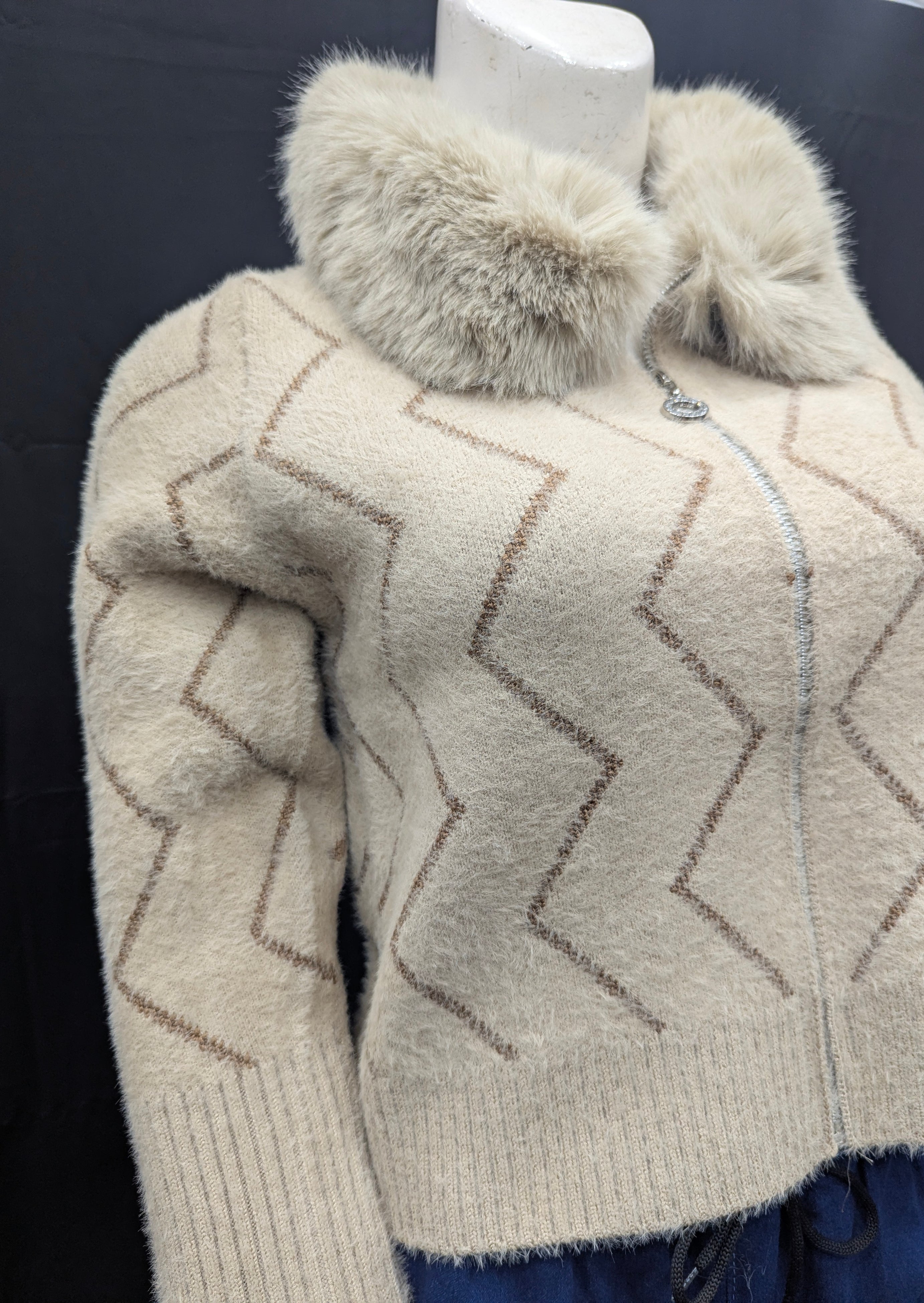 Soft Beige Fur-Collar Women’s Cardigan