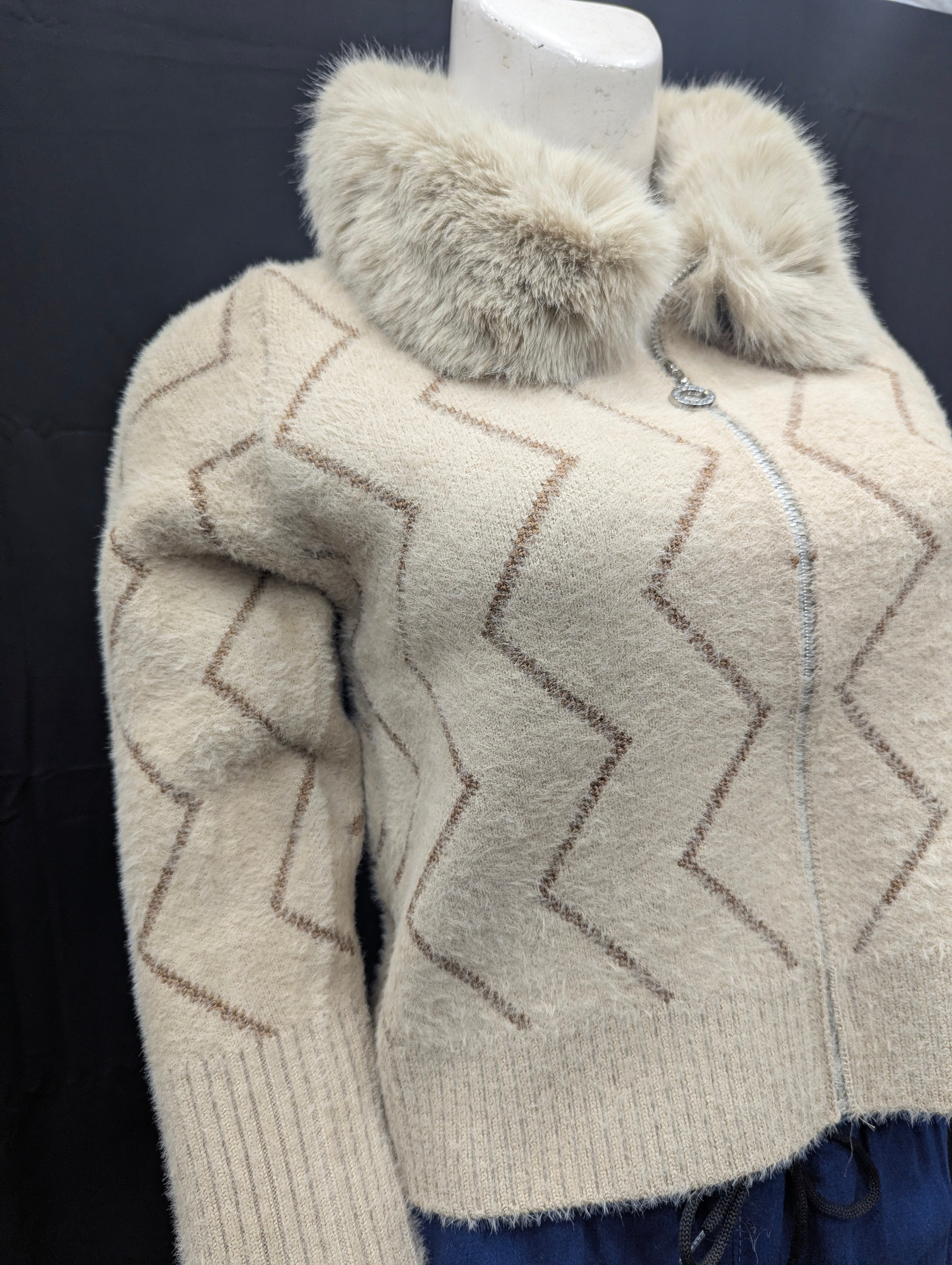 Soft Beige Fur-Collar Women’s Cardigan