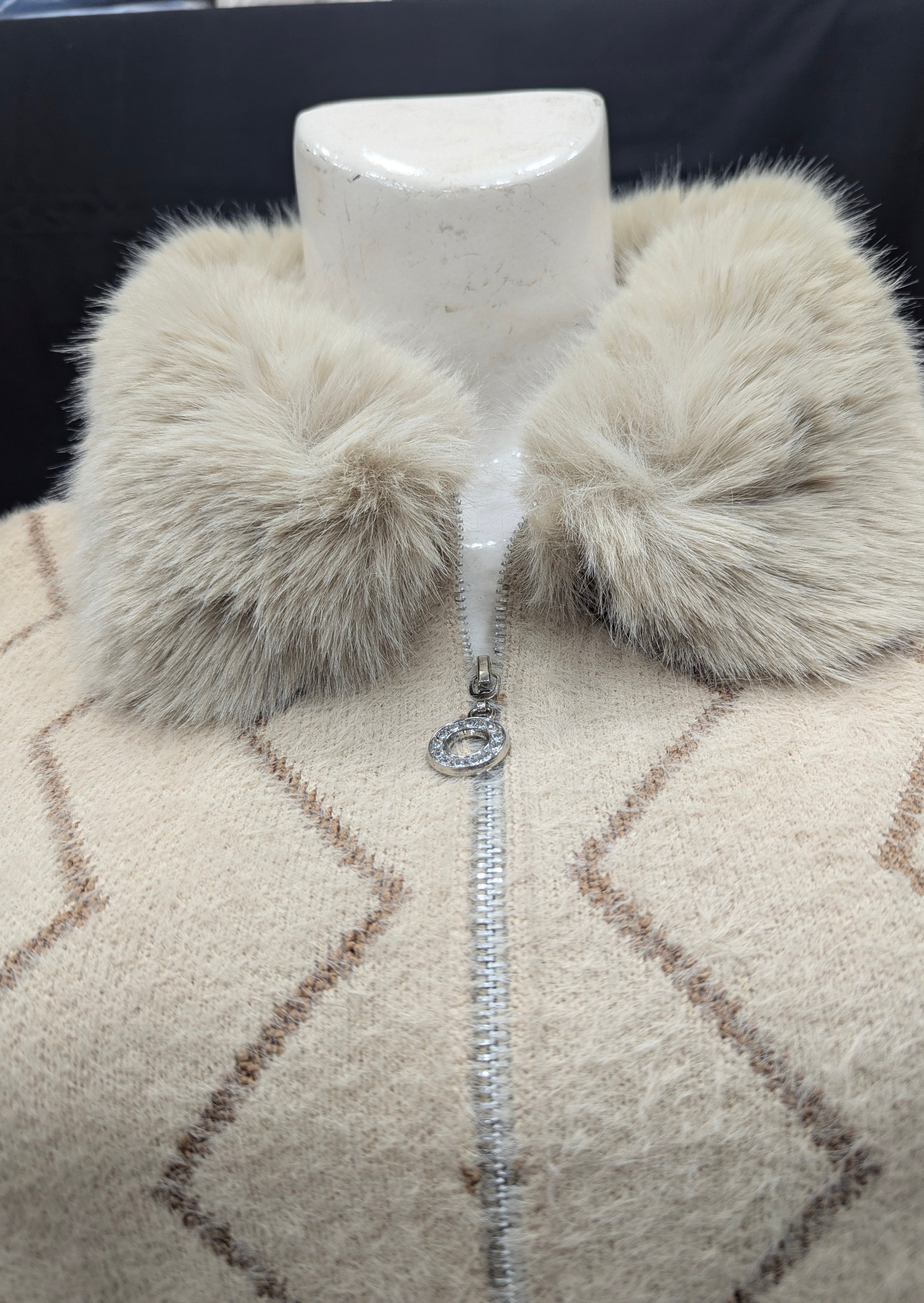 Soft Beige Fur-Collar Women’s Cardigan