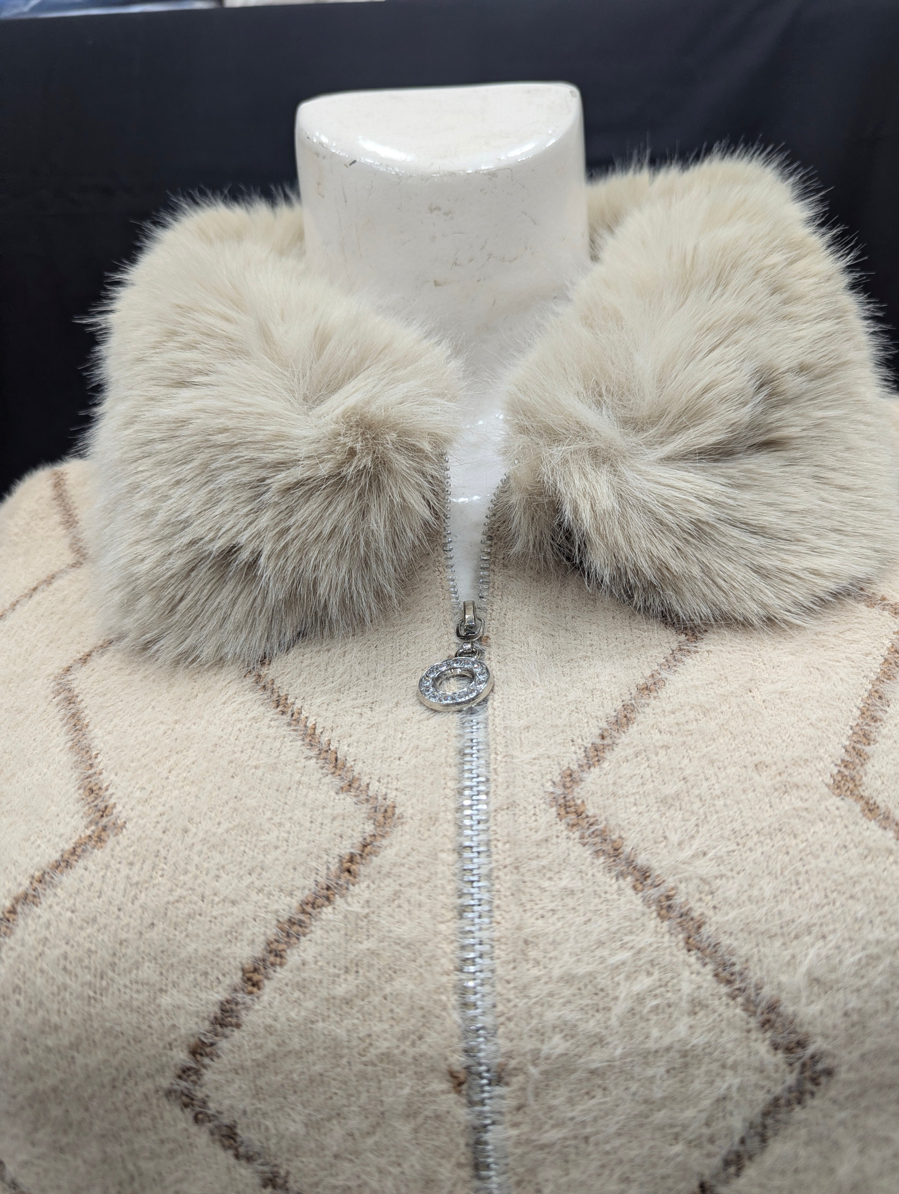 Soft Beige Fur-Collar Women’s Cardigan