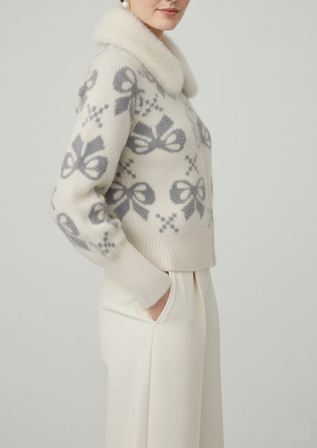 Off-White Fuzzy Knit Cardigan with Faux Fur Collar & Bow Pattern