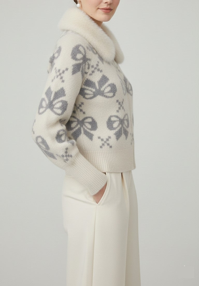 Off-White Fuzzy Knit Cardigan with Faux Fur Collar & Bow Pattern