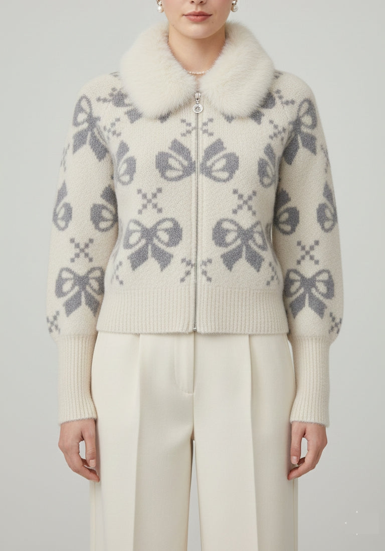 Off-White Fuzzy Knit Cardigan with Faux Fur Collar & Bow Pattern