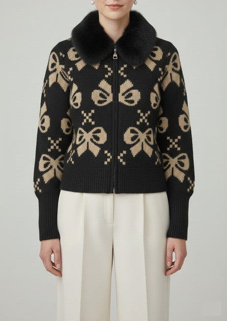Black Bow-Pattern Knit Cardigan with Faux-Fur Collar