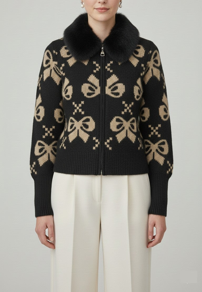 Black Bow-Pattern Knit Cardigan with Faux-Fur Collar