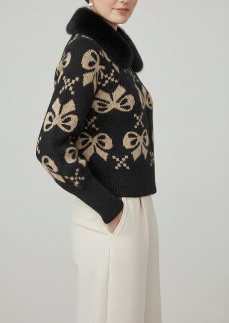 Black Bow-Pattern Knit Cardigan with Faux-Fur Collar