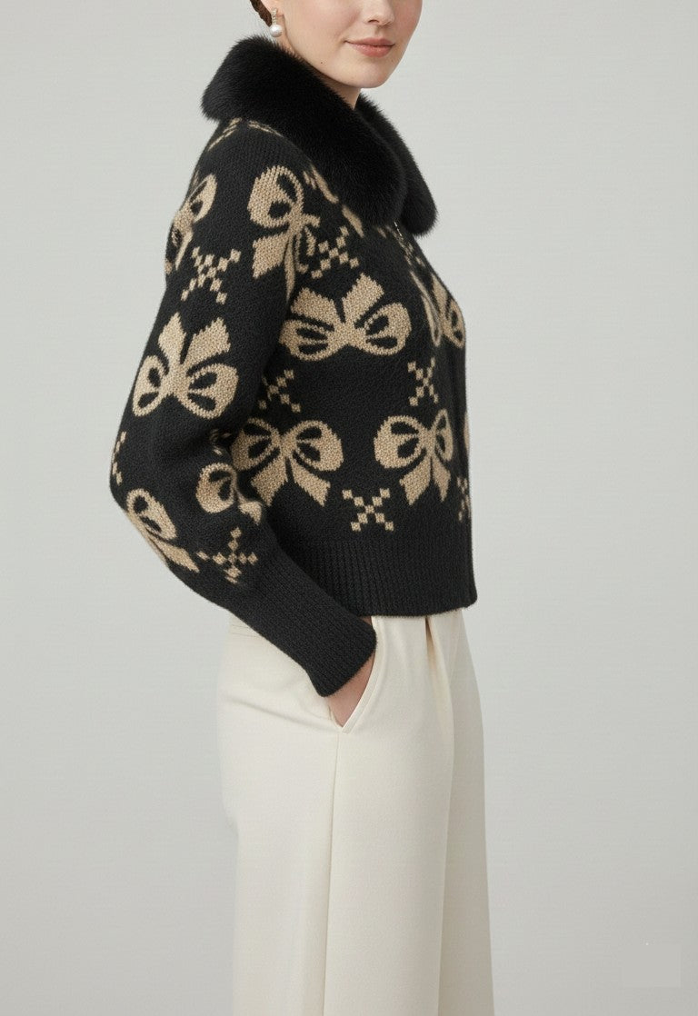 Black Bow-Pattern Knit Cardigan with Faux-Fur Collar