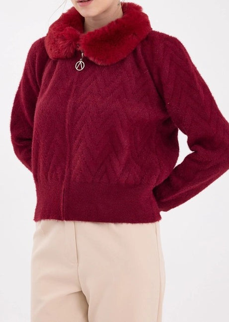 Burgundy Collar Fur Detailed Women's Cardigan