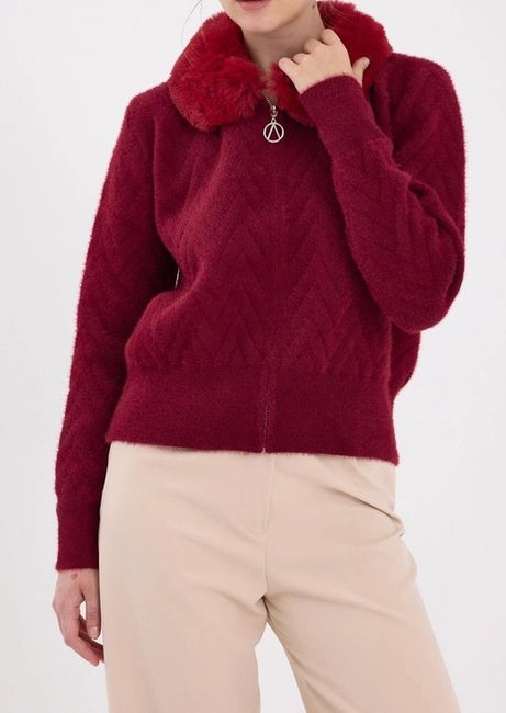 Burgundy Collar Fur Detailed Women's Cardigan
