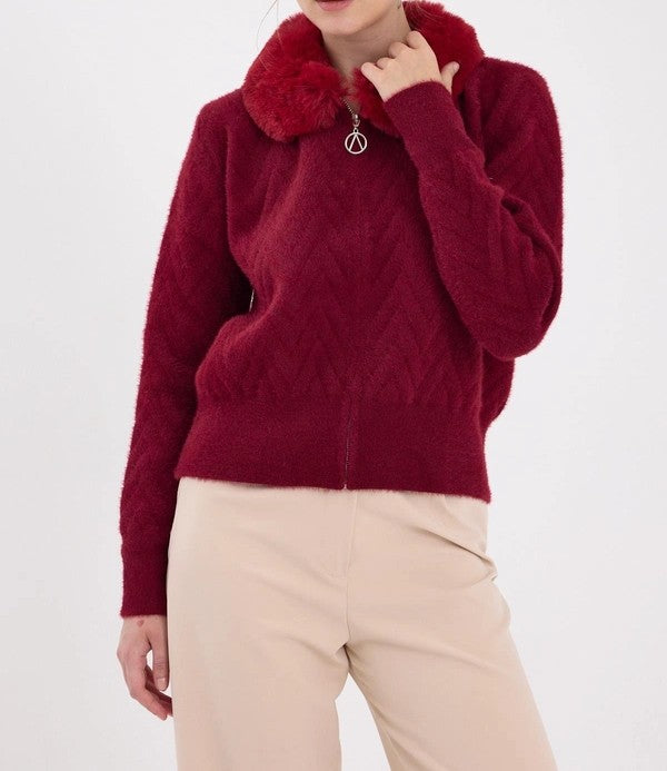 Burgundy Collar Fur Detailed Women's Cardigan