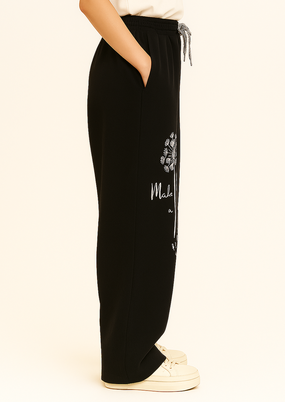 womens elegant black wide leg pants white floral pattern