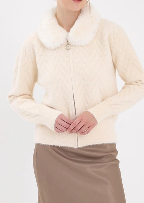 Pure White Fur-Collar Women’s Cardigan 🤍