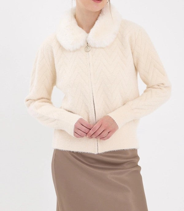 Pure White Fur-Collar Women’s Cardigan 🤍